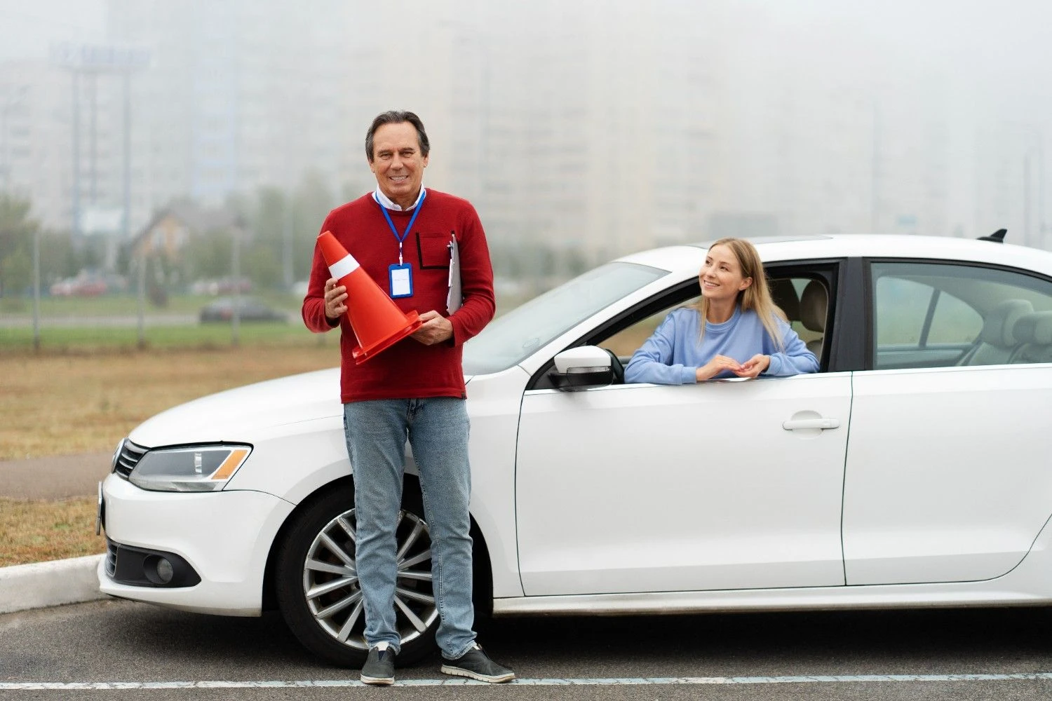 Happy family with car